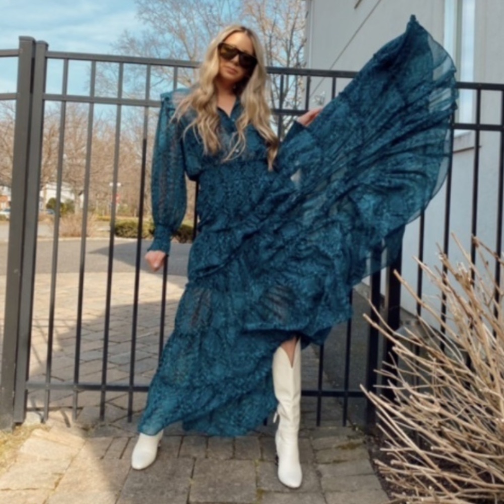 Misa Los Angeles Aydeniz Tiered Maxi Dress Teal Snake